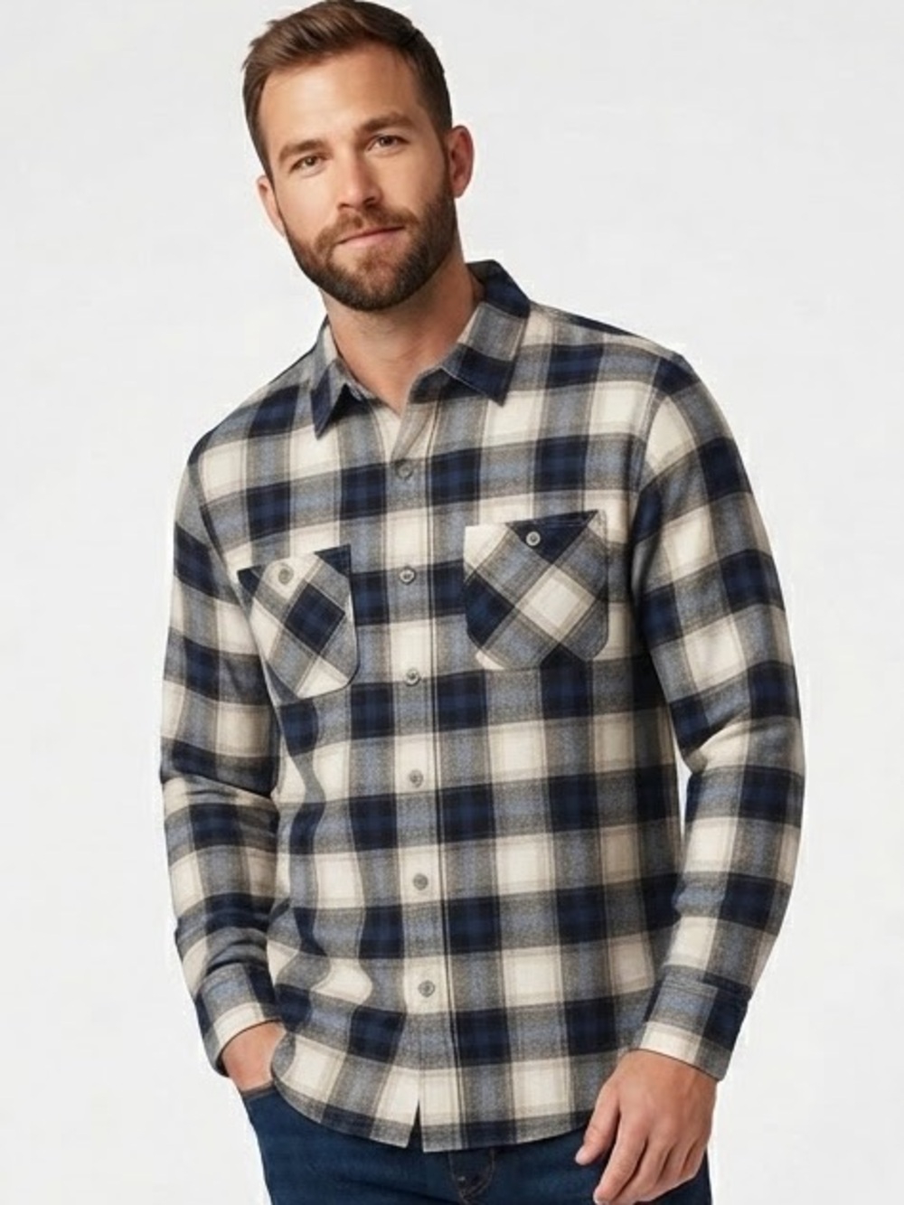 Converse One Star Blue & Tan Plaid Long Sleeve Button Down Flannel Shirt Small